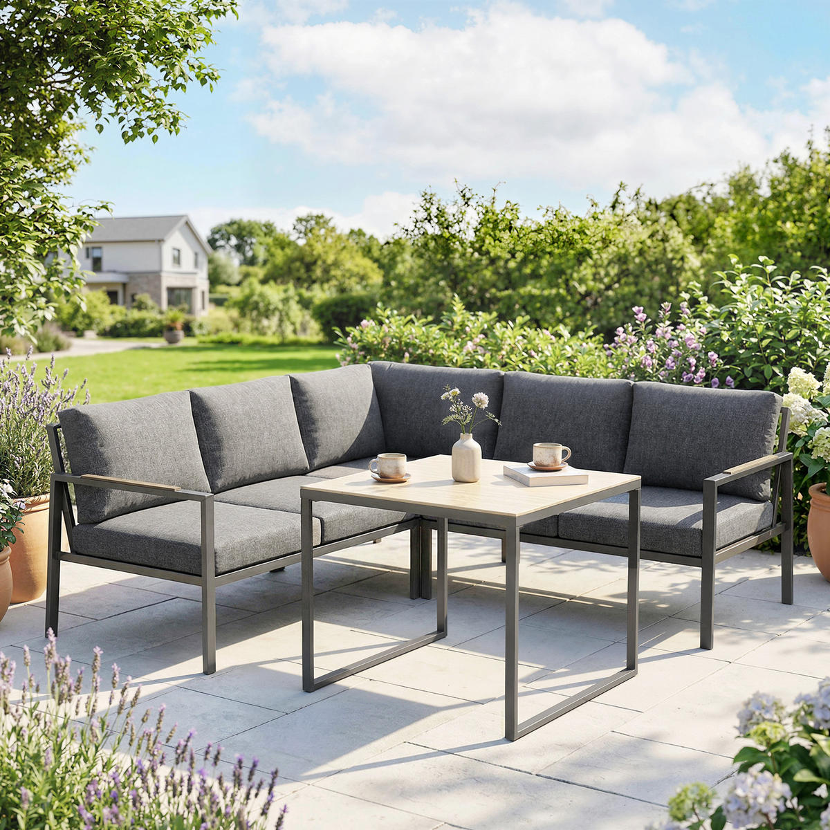 LOUNGEGARNITUR DE-13536 5-sitzig mit 2 Sofas & Tisch Dunkelgrau - Dunkelgrau, Metall - ComfortXL