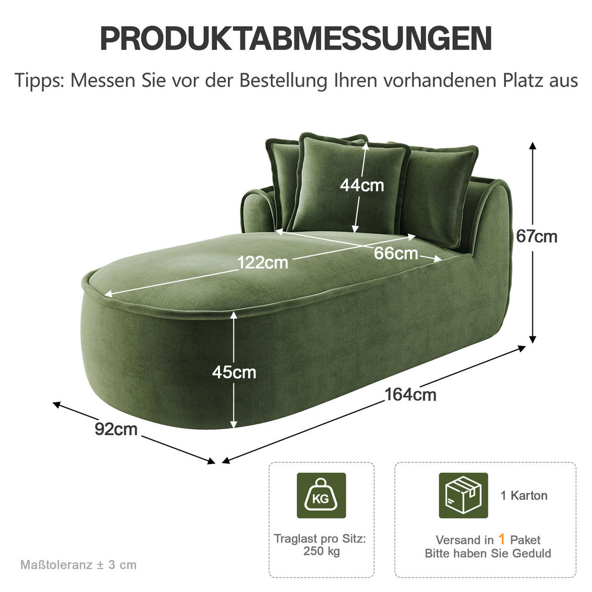 RÉCAMIERE linke Chaiselongue mit Kissen, DE-42643, Grün - Grün, Textil (164/67/92cm) - ComfortXL