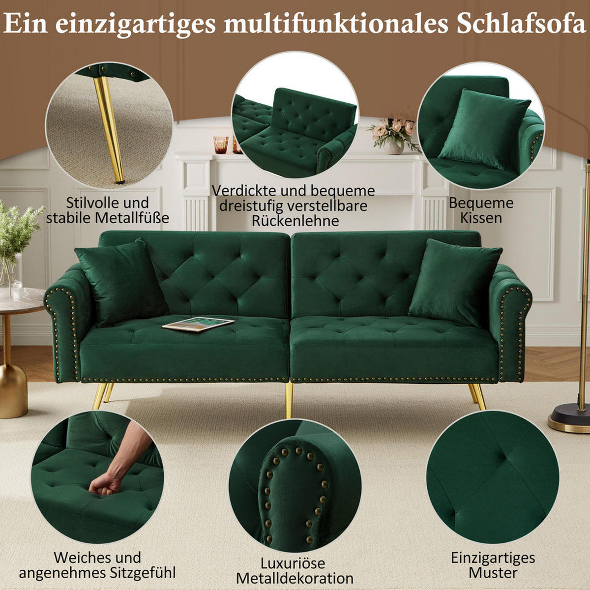 SOFA 2-Sitzer Schlaffunktion Samtbezug Verstellbare Lehne Metallfüße Kleinraum - Grün, Holz (89.54/19.81/76.84cm) - FLIEKS