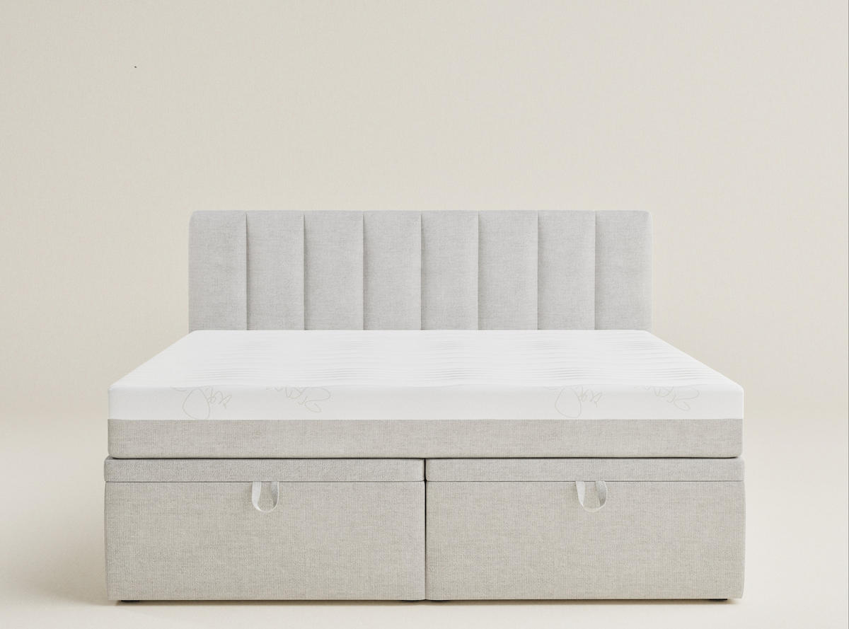 BOXBETT 140/200 cm Lovage S, in Hellbeige, Matratze, gepolstertes Kopfteil, Bettkasten, H3 = fest - Beige/Schwarz, Holz/Holzwerkstoff (140/200cm) - Maison de Reve