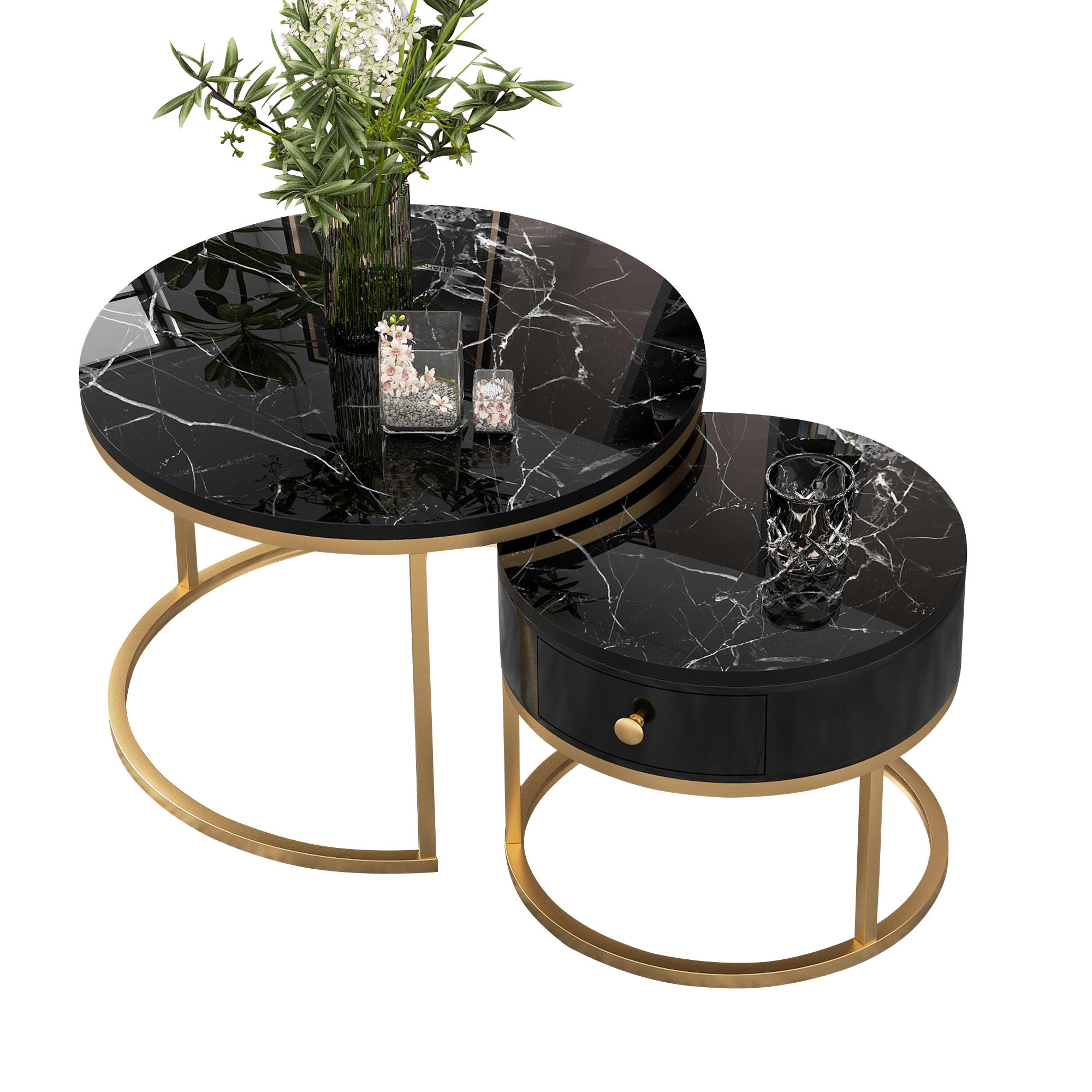 COUCHTISCH 2er Set Stapelbar schwarz mit Hochglanz Marmormuster - Schwarz, Holzwerkstoff (70/70/48cm) - OKWISH