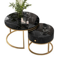 COUCHTISCH SET 2 Hochglanz Marmor Rund Nesting Tische - Schwarz, Holzwerkstoff (70/70/48cm)