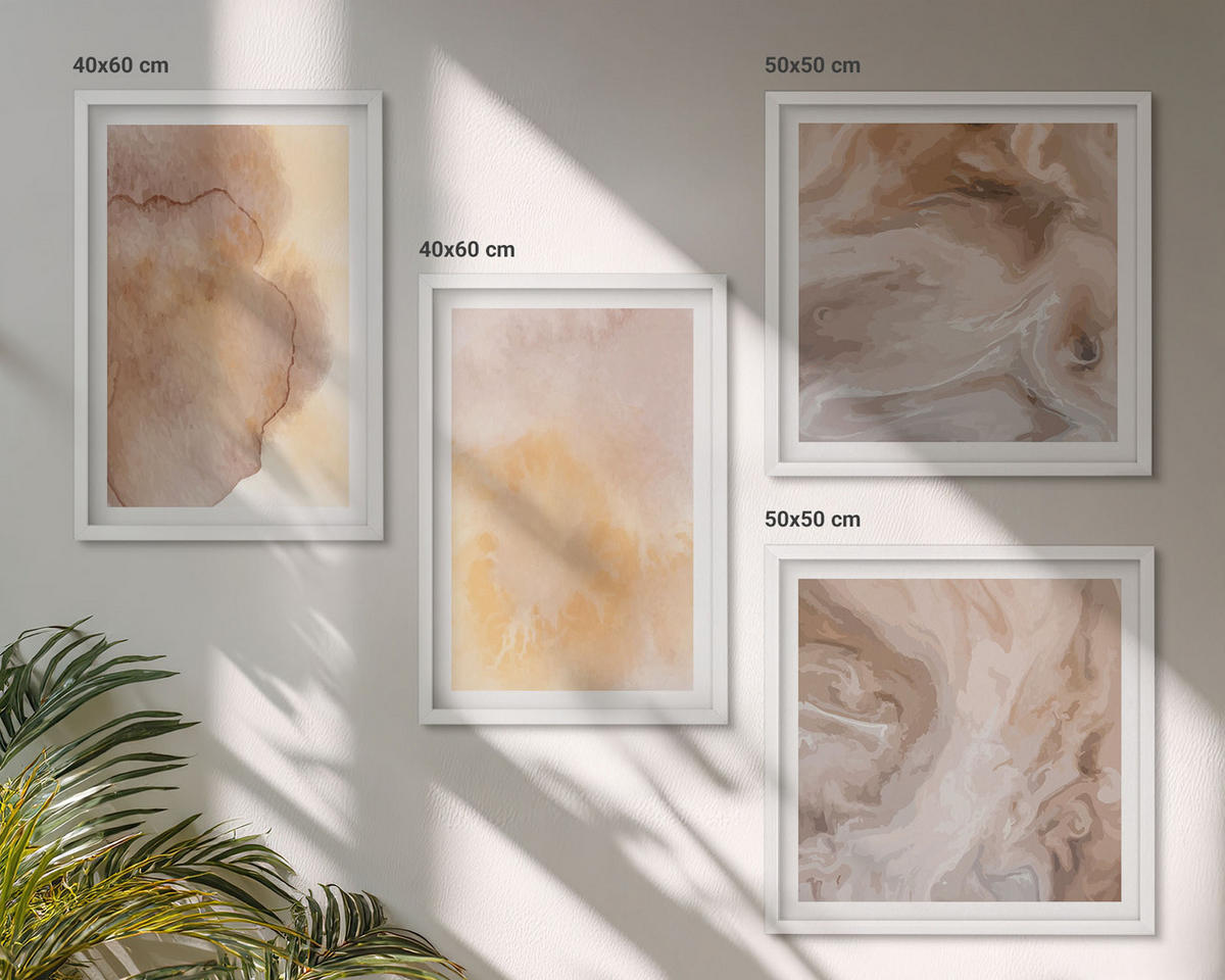 WANDBILDER 4er-Set - 50x50 cm & 40x60 cm Weißer Rahmen - Warme Aquarellfarben auf Leinwand - Weiß, Kunststoff (50/50cm) - ArtPrintCave