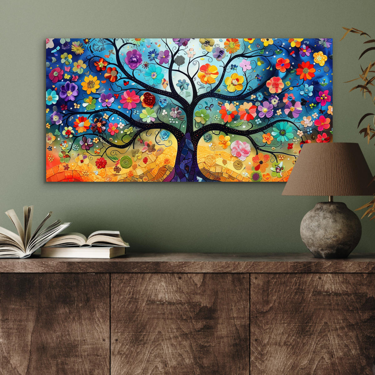 KOVOVÝ OBRAZ Umenie - Strom života - Kvety - Hippie 80x40 cm - tmavomodrá, kov (80/40cm) - MuchoWow