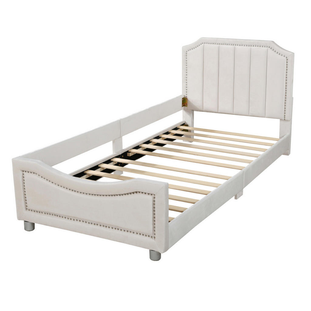 Modfu ČALOUNĚNÁ postel z MDF, flanelu a kovu 90x200 cm béžová s obloukovým designem, lamelovým roštem a opěrkou