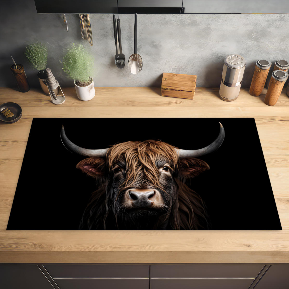 HERABDECKPLATTE - Schottischer Highlander - Porträt - Schwarz - Tier - 90x55 - Braun, Kunststoff (90/55/0.2cm) - MuchoWow