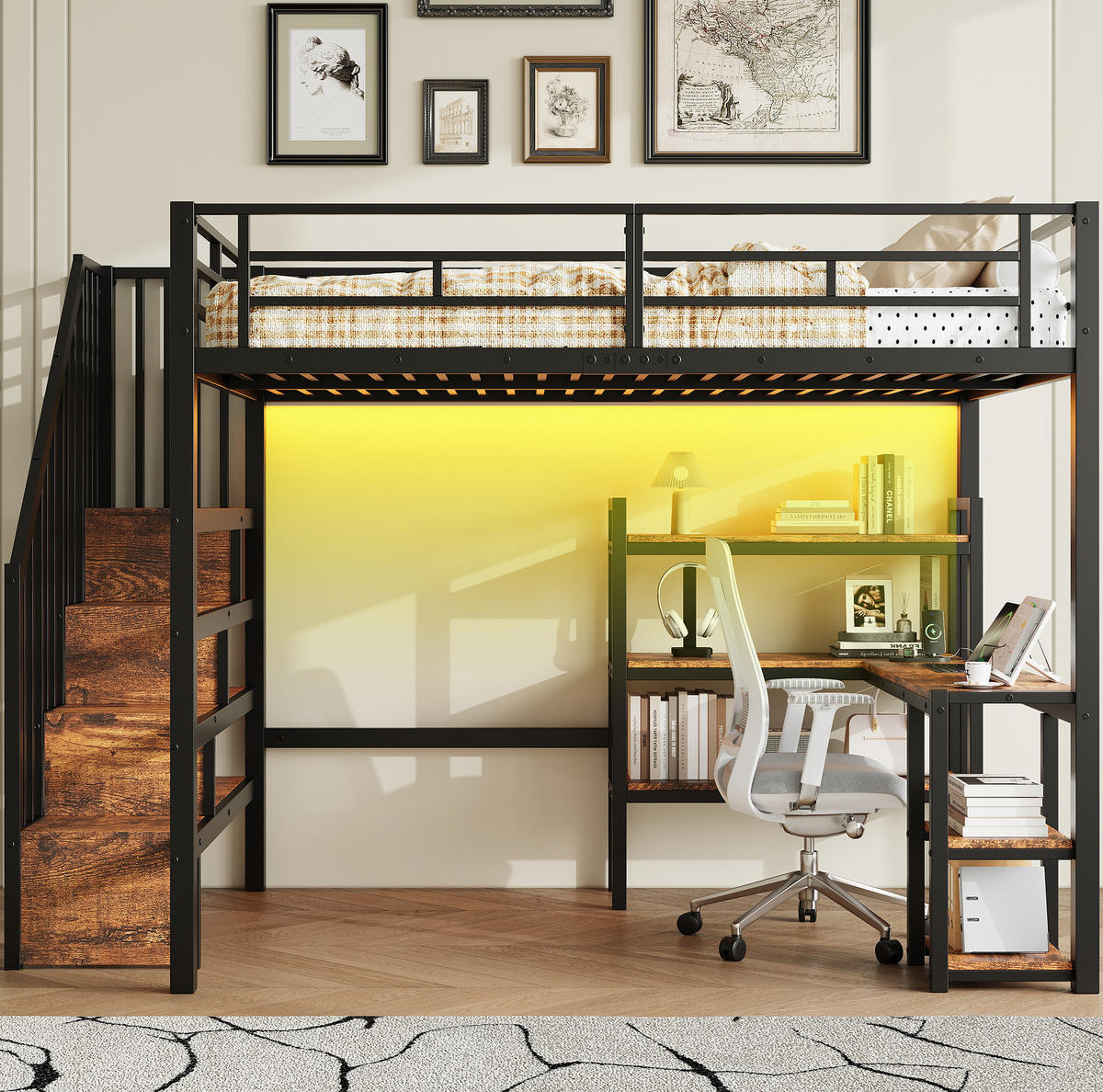 HOCHBETT MDF Metall 140x200 cm Schwarz mit Schreibtisch, Stauraumtreppe, Regal, LED und Ladestation - Schwarz, Holzwerkstoff (140/200cm) - Modfu