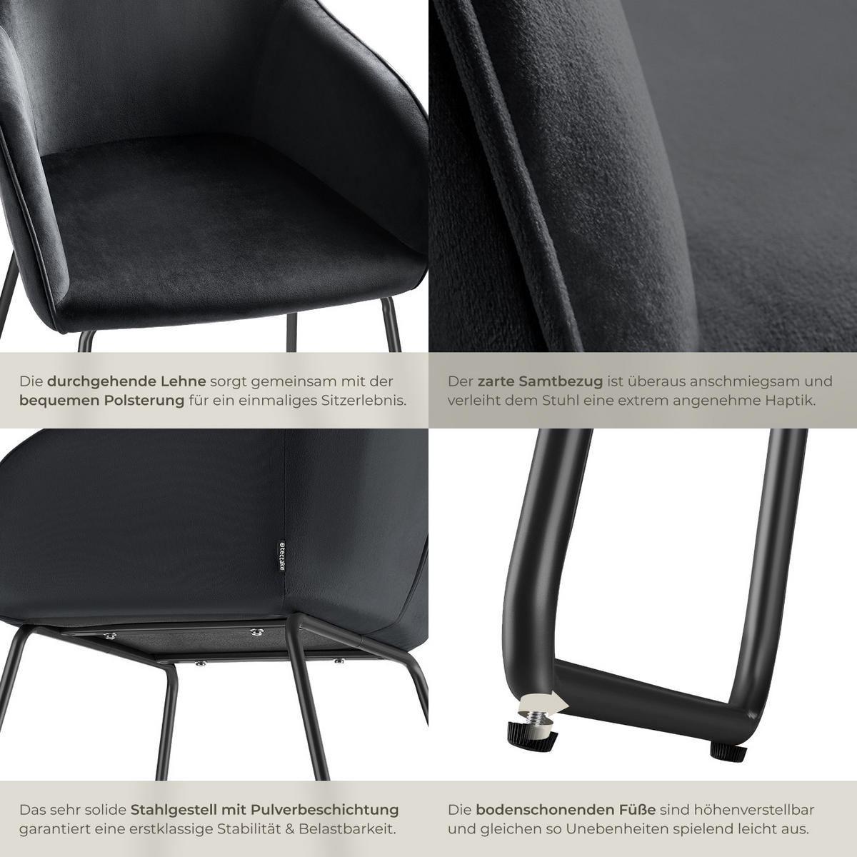 ESSZIMMERSTUHL Jeane,57 x 61 x 85,5 cm, Belastbarkeit 120 kg,Samtoptik schwarz/schwarz - Schwarz/Samtahornfarben, Kunststoff (57/85.5/61cm) - tectake