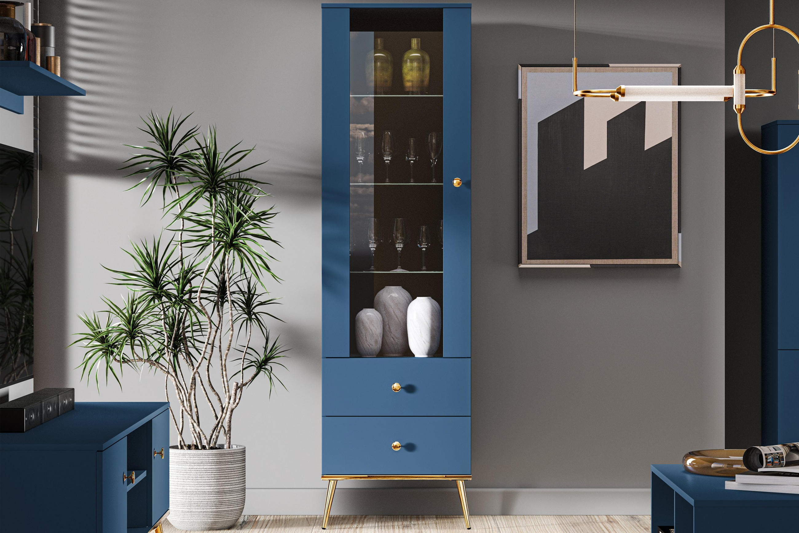 VITRINENSCHRANK ARICIA Soft-Close-Funktion, Marineblau - Blau, Holz (55/190/40cm) - KONSIMO®