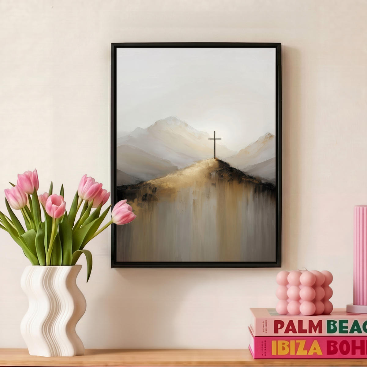 LEINWAND Bilder mit Rahmen - Hügel - Abstrakt - Kreuz - Christentum - 30x40 - Beige, Textil (30/40cm) - MuchoWow