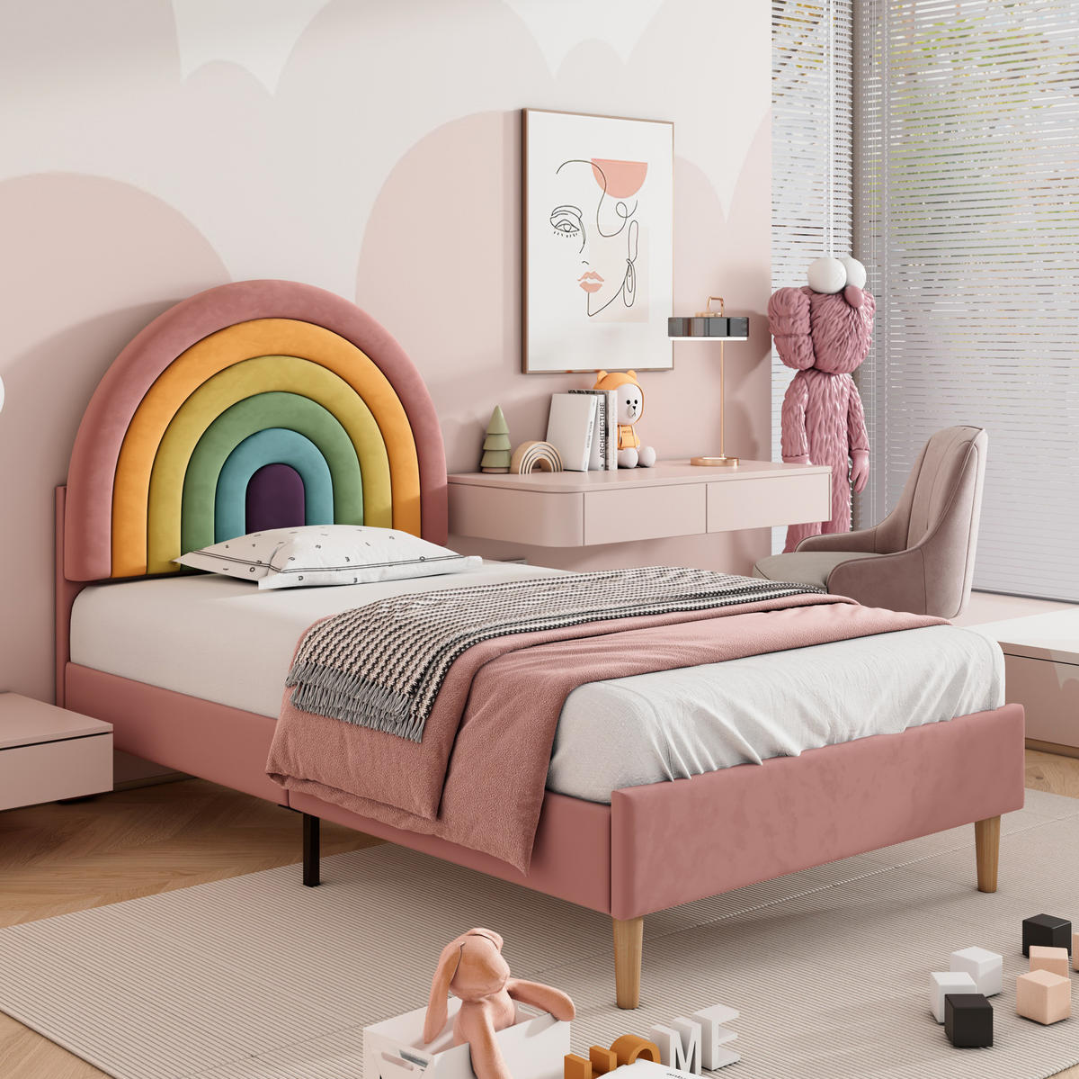 POLSTERBETT 90/200 cm mit Lattenrost, höhenverstellbarem Kopfteil und Regenbogen-Design aus Samt, Pink - Rosa, Textil (90/200cm) - Redom