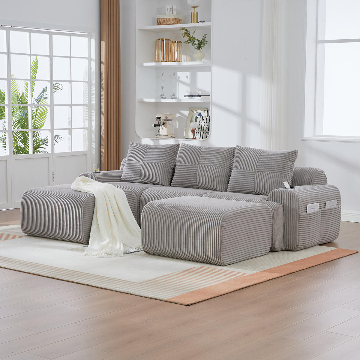 WOHNLANDSCHAFT Cord Hellgrau mit 2 Hocker, Cupholder und Aufbewahrungstasche - Hellgrau, Textil (268/80/174cm) - WISHDOR