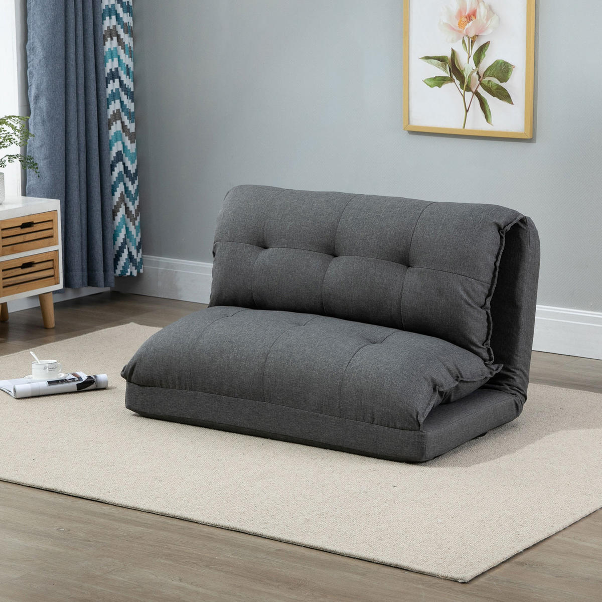 BODENSTUHL 2-in-1 Bodensessel Bett mit Rückenlehne 13 Positionen Verstellbar - Grau, Metall (71/54/100cm) - HOMCOM