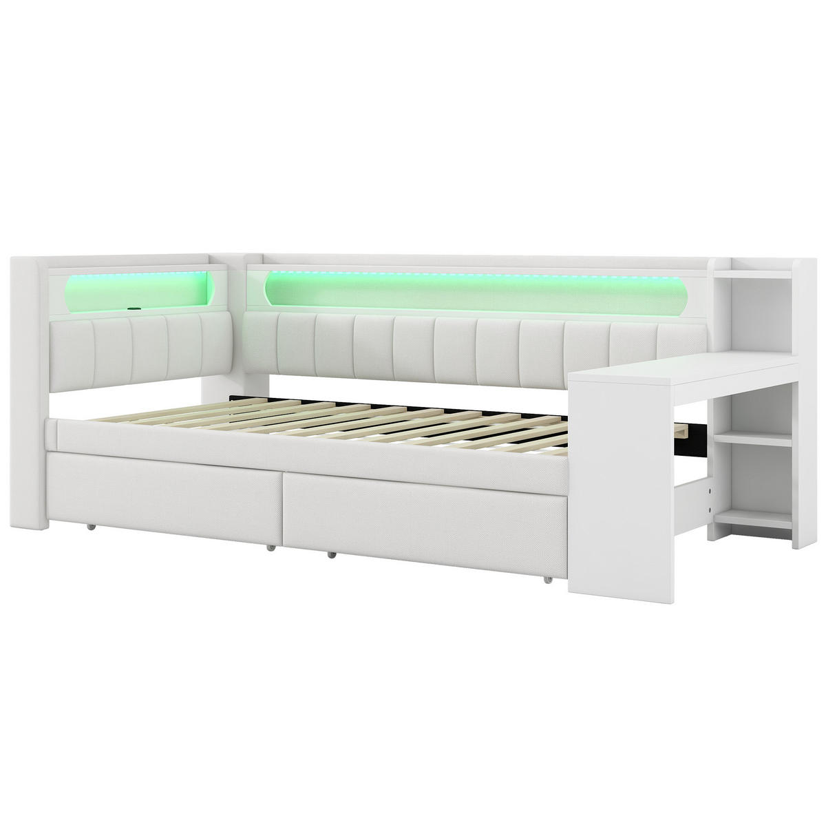 KREVET 90/200 cm s LED osvjetljenjem, USB priključkom, radnim stolom i 2 ladice, Bijeli - bijela, drvni materijal (90/200cm) - Redom