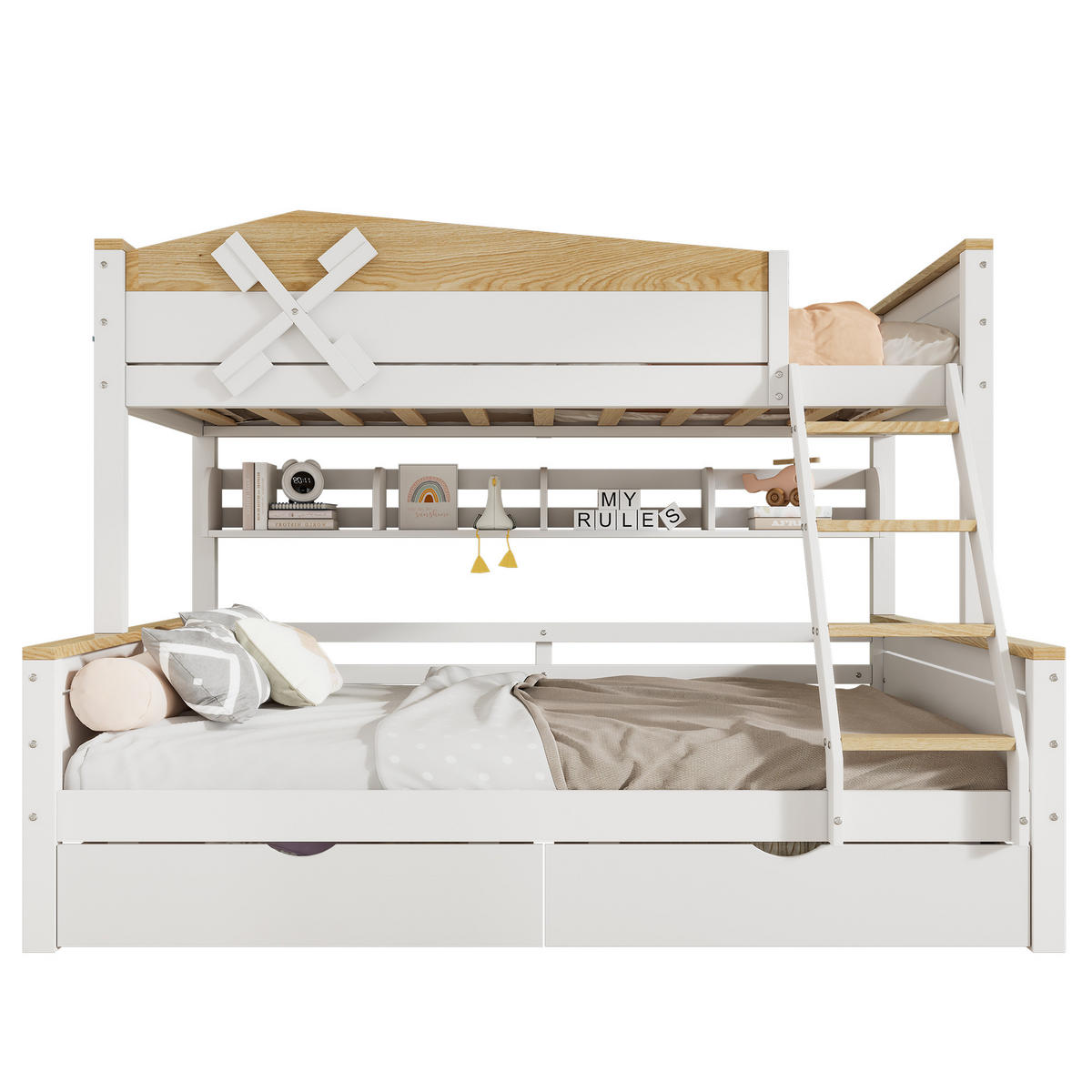 ETAGENBETT 90/200 cm mit Windmühle Weiß+Natur aus Kiefer und MDF mit Regalen und Schubladen - Weiß, Holzwerkstoff (90/200cm) - OKWISH