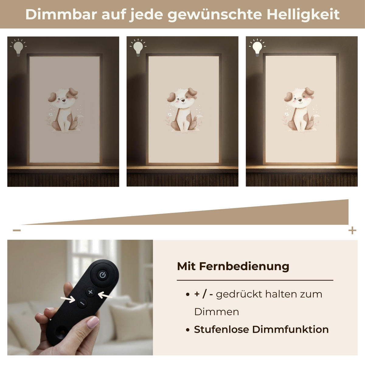NÁSTĚNNÁ LAMPA S AKUMULÁTOREM Pes - skvrnitý - hnědý 40x60 cm - béžová, kompozitní dřevo (40/60/8cm) - OnlyWow
