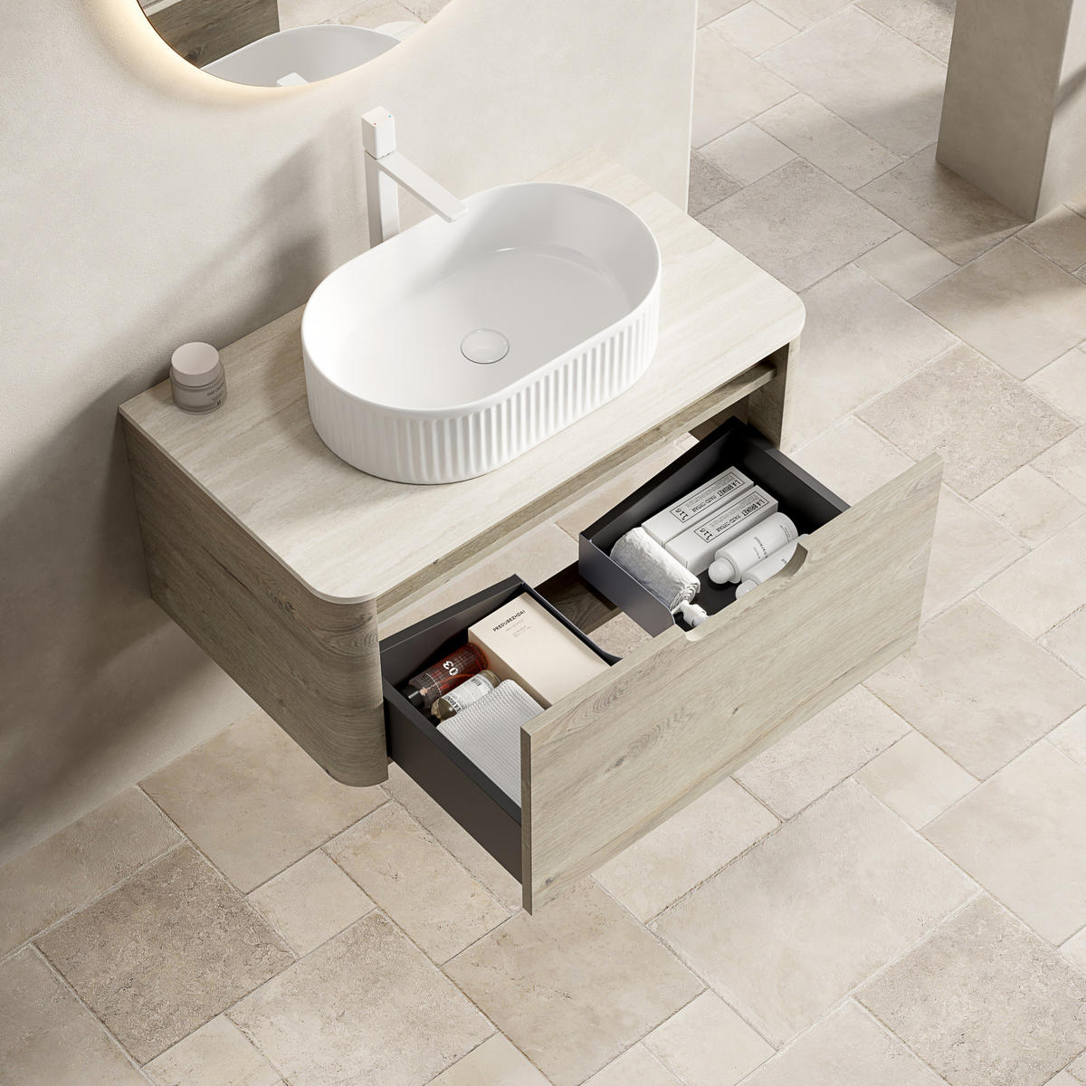 WASCHTISCHUNTERSCHRANK 80x46x50.2cm Beige/Weiß mit ovalem Keramikbecken & Travertin-Arbeitsplatte - Creme, Keramik (80/50.2/46cm) - Modfu