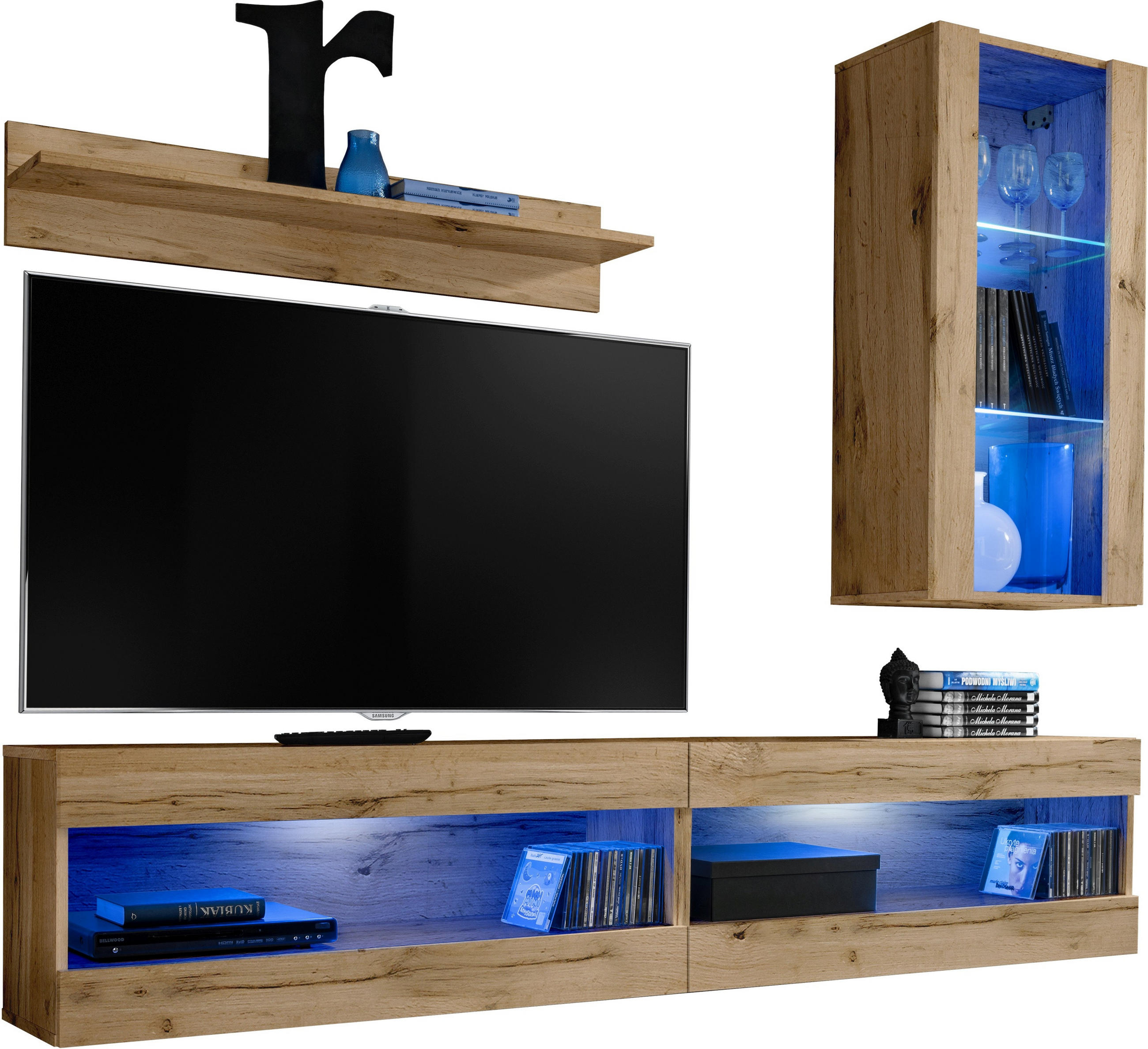 4-ER Set, Wohnwand TIVOLI SET5+BLU Offener Raum Wotan + Wotan - Eiche Wotan/Weiß, Glas/Holzwerkstoff (240/195/35cm) - Komodee