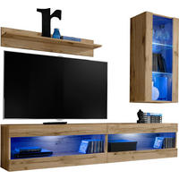 4-ER Set, Wohnwand TIVOLI SET5+BLU Offener Raum Wotan + Wotan - Eiche Wotan/Weiß, Glas/Holzwerkstoff (240/195/35cm) - Komodee