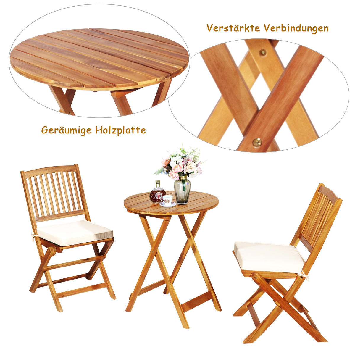 TERRASSENMÖBEL-SET Beige(3-teilig) - Beige, Holz - COSTWAY
