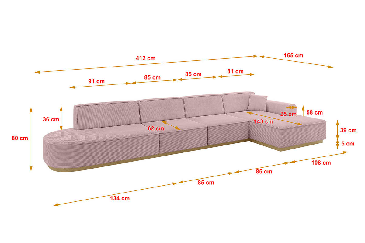 ECKSOFA Ottomane Rechts IREA-L3-v2 - 412x165x80 cm Rosa - Rosa, Holzwerkstoff/Textil (412/165cm) - ALTDECOR