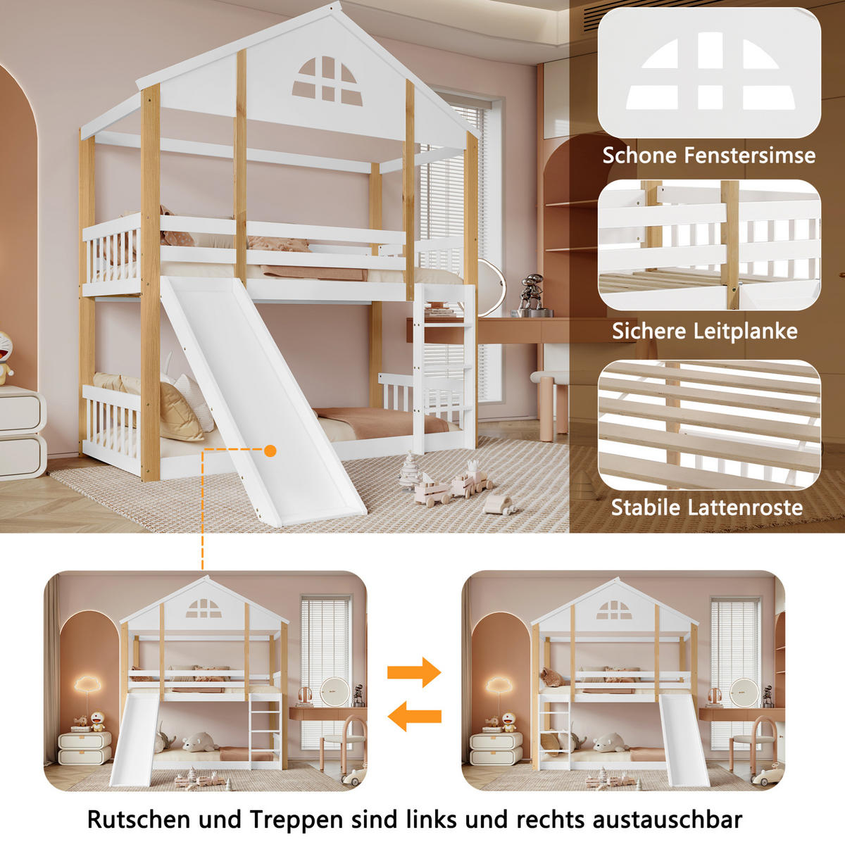 ETAGENBETT aus MDF 90x200 cm Weiß/Natur mit Rutsche, Winkeltreppe und Haus-Design - Weiß, Holzwerkstoff (90/200cm) - Modfu