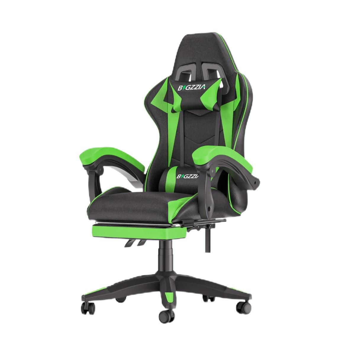 GAMING-STUHL höhenverstellbar, Fußstütze, Lendenkissen – Schwarz/Grün - Grün, Leder (50/134/50cm) - Rattantree