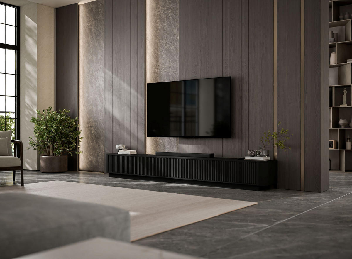 TV skrinka Aurora, set 2 kusov so soklom, matná čierna, 280 cm - čierna, kompozitné drevo (280/37/35cm) - Meble Lindner