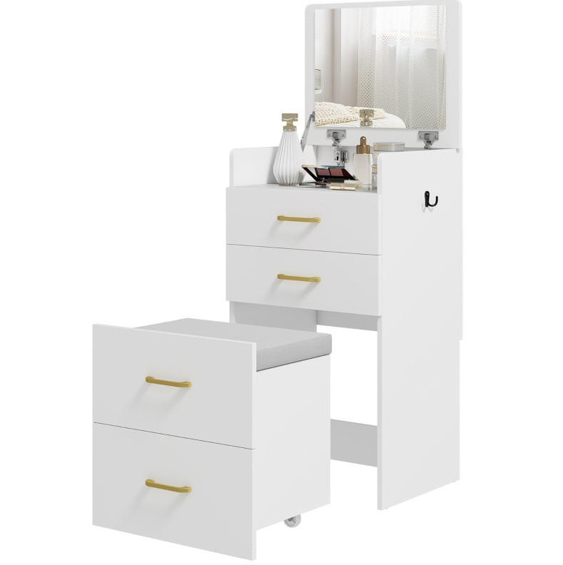 SCHMINKTISCH 48/40/90 cm in Weiß, 3-in-1 mit Spiegel und Rollhocker - Weiß, Holzwerkstoff (40/90/48cm) - Flora Grace
