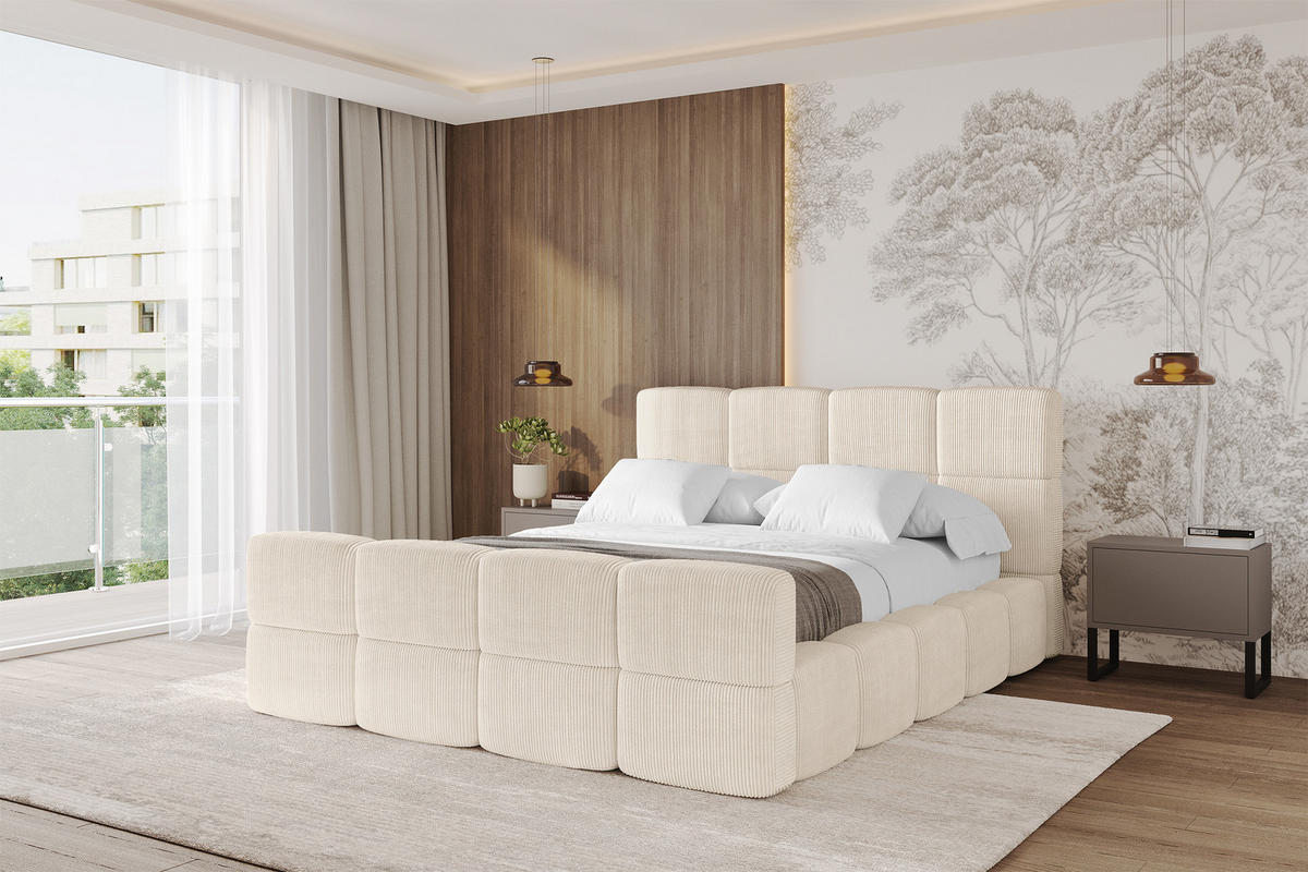 POLSTERBETT mit Bettkasten und Lattenrost, Bett mit Kopfteil, Boxbett ohne Matratze, Doppelbett mit Stauraum - NATA-Z 120x200 Beige - Schieferfarben, Holzwerkstoff/Textil (120/200cm) - ALTDECOR