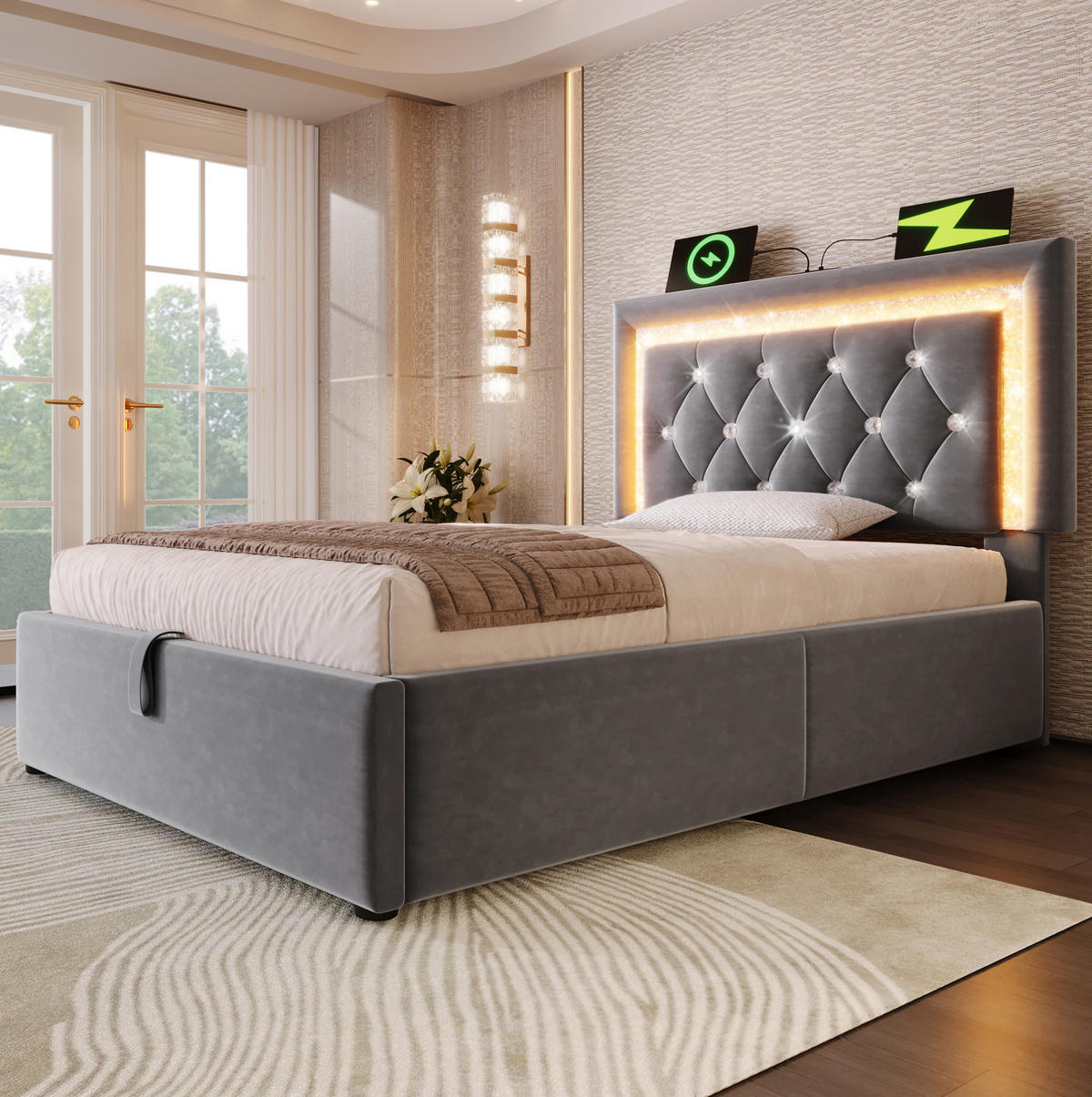 POLSTERBETT mit Bettkasten 90x200 cm Samt Grau mit LED - Grau, Metall (90/200cm) - Meubliv