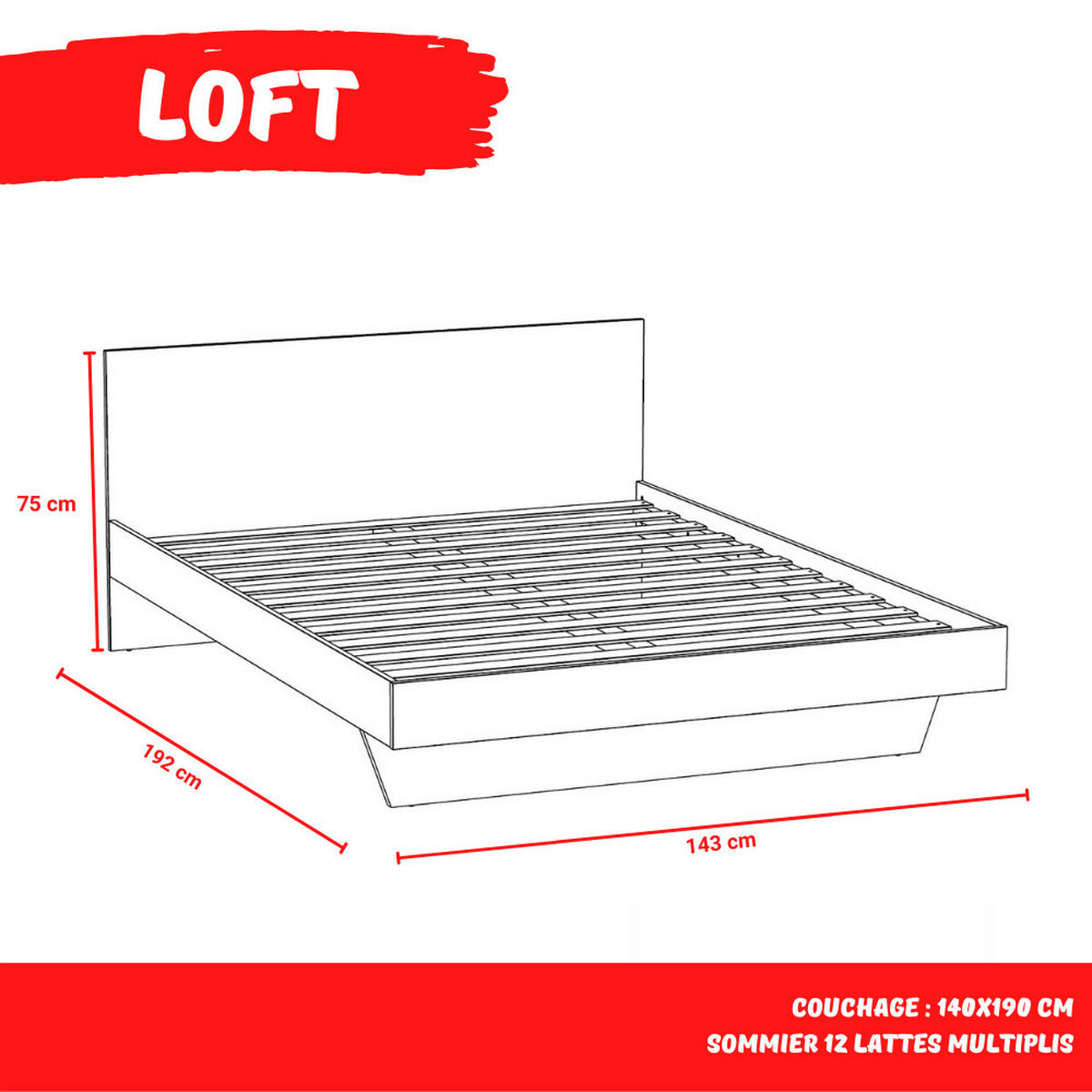 BETT LOFT / BETT 140x190 cm + Lattenrost + Kopfteil - Weiß & gebleichte Eiche - Weiß, Holzwerkstoff (140/190cm) - Weber Industries