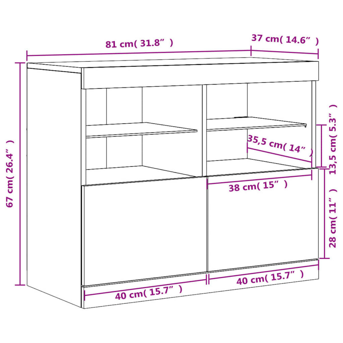 SIDEBOARD mit LED-Licht, 2 Türen 81/37/67 cm aus Holzwerkstoff Weiß - Weiß, Holz (81/67/37cm) - vidaXL