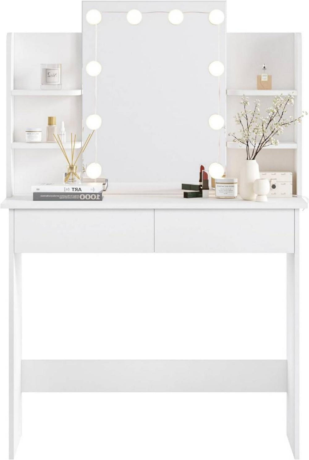 SCHMINKTISCH mit LED-Beleuchtung 90 cm Weiß - Weiß, Glas/Holzwerkstoff (90/40/135cm) - Woltu