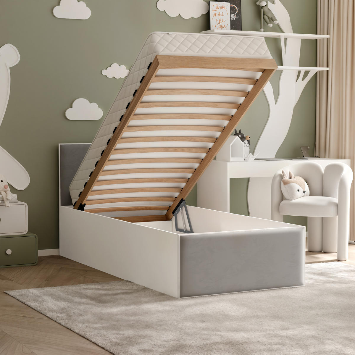 POLSTERBETT SASHI 90/200 cm Bettkasten, ohne Matratze, Weiß / Grau - Grau, Holz/Holzwerkstoff (90/200cm) - Idohome