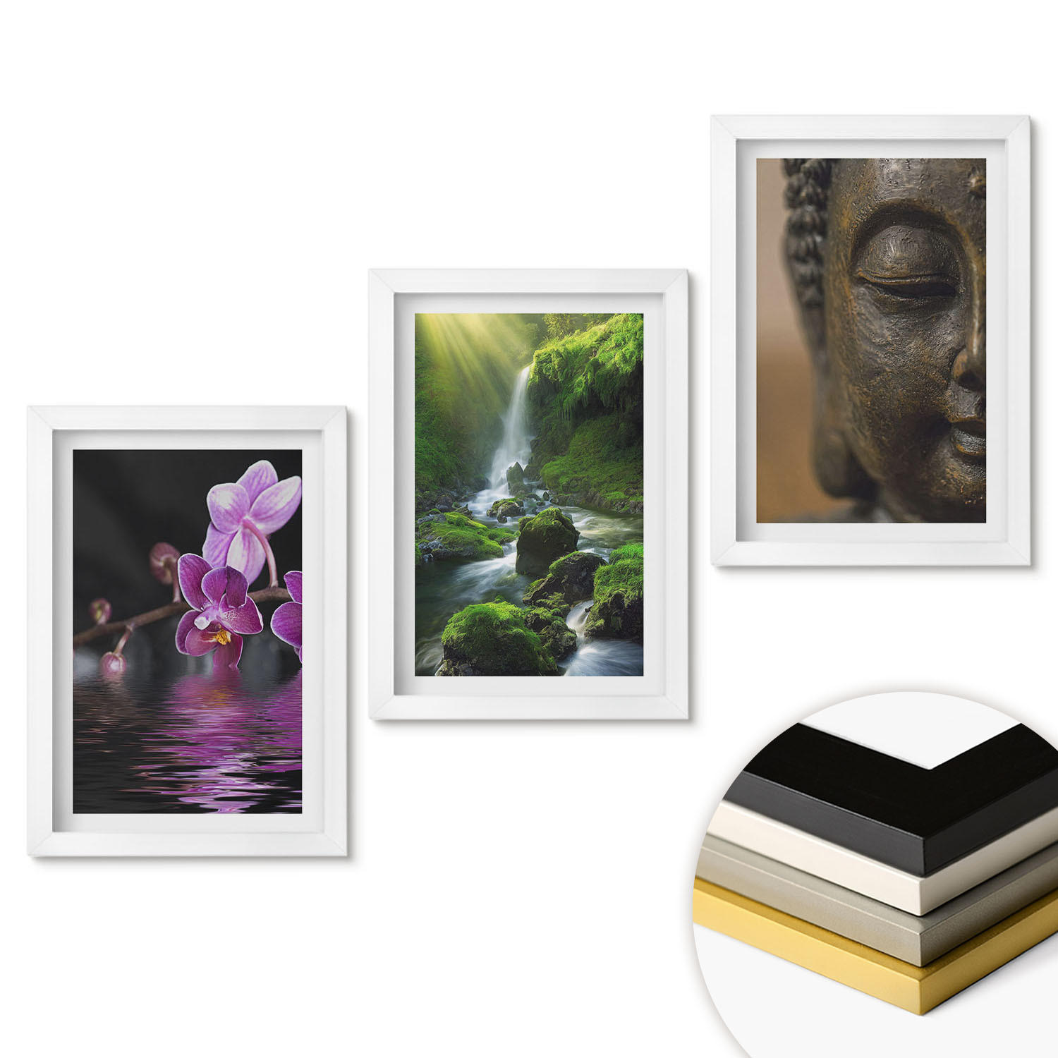 WANDBILDER 3er-Set - 20x30 cm Weißer Rahmen - Blumen, Wasserfall, Buddha-Felsen, Zen - Weiß, Kunststoff (20/30cm) - ArtPrintCave