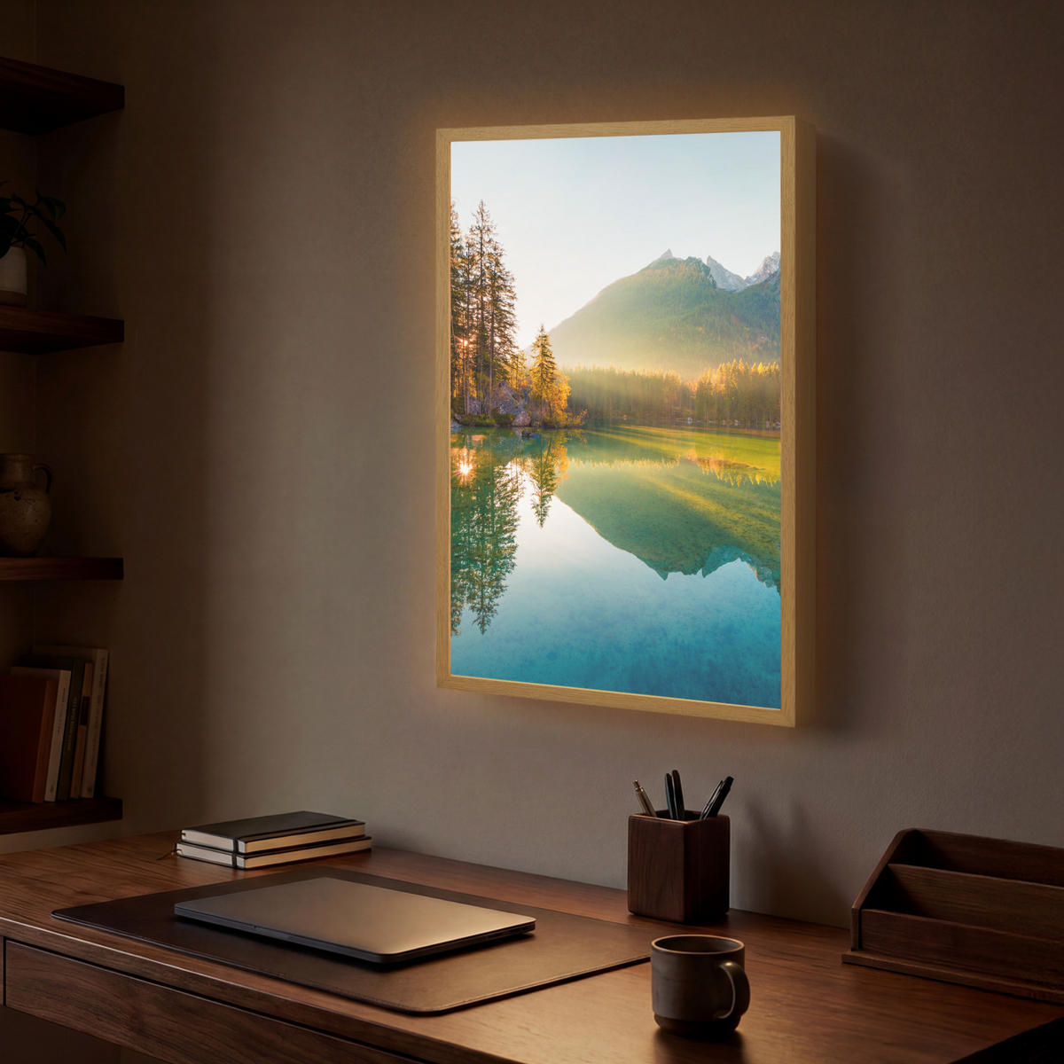 WANDLEUCHTE MIT AKKU See - Wald - Berge - Natur - Sonne - Landschaft 40x60 cm - Grün, Holzwerkstoff (40/60/8cm) - OnlyWow