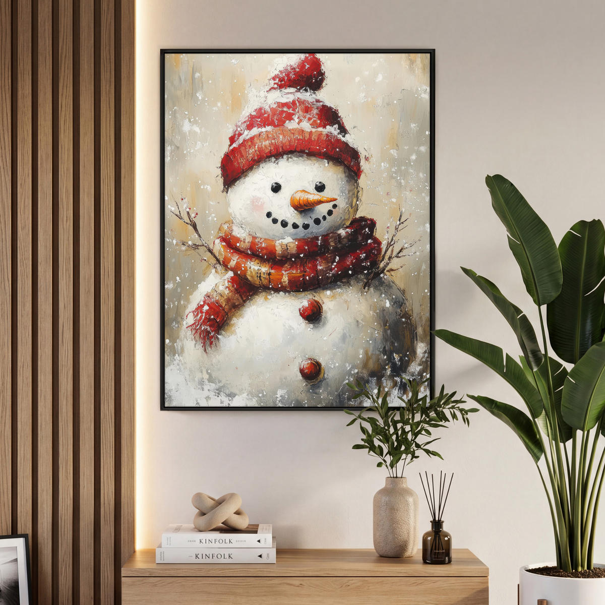 LEINWAND Bilder mit Rahmen - Schneemann - Winter - Schnee - Beige - 70x100 - Weiß, Textil (70/100cm) - MuchoWow