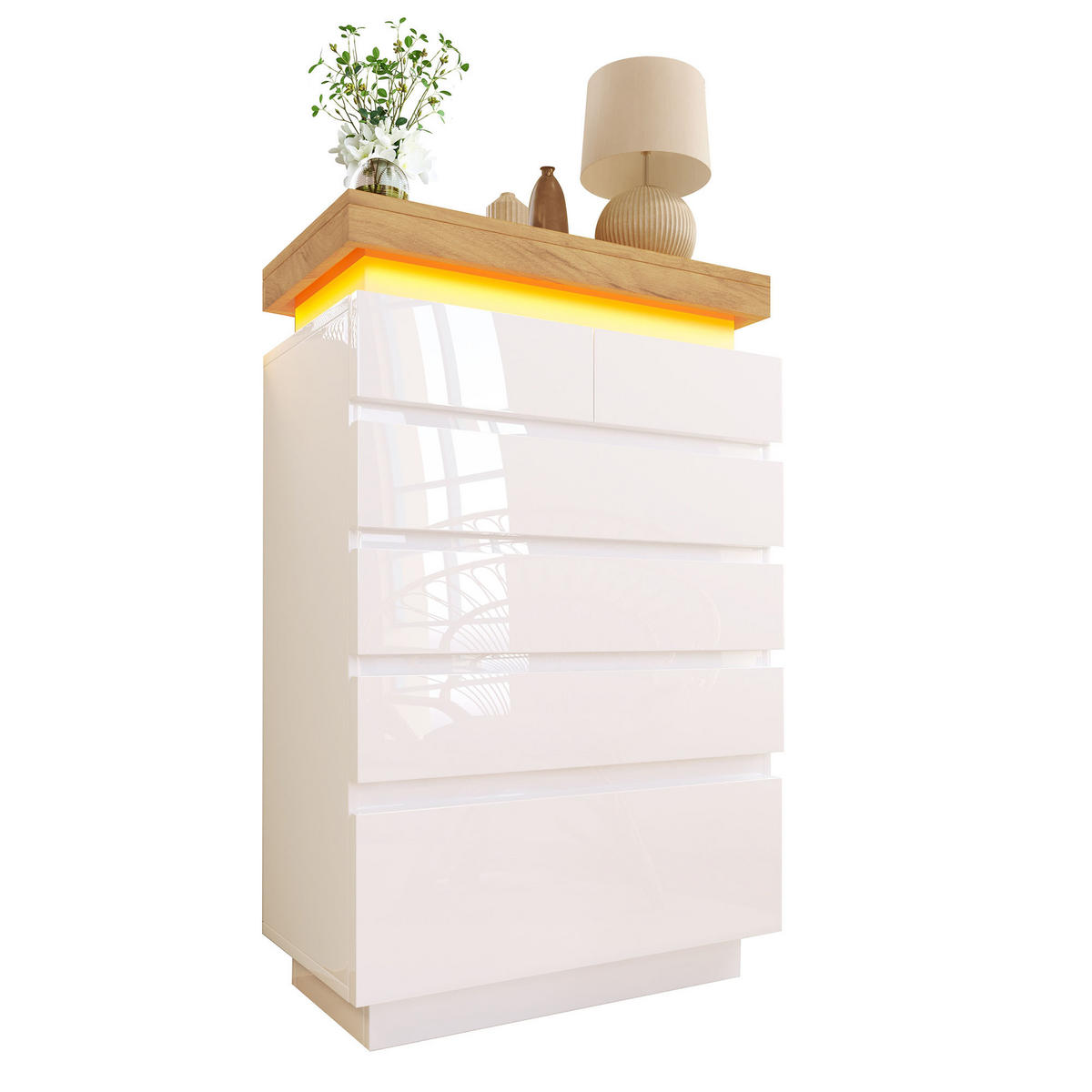 SIDEBOARD in Hochglanz mit 6 Schubladen und LED (App und Touch), 73/39/115 cm, Weiß - Weiß, Holzwerkstoff (73/115/39cm) - Redom