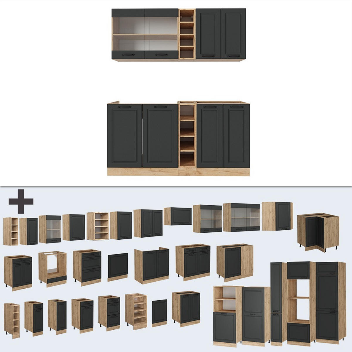 JEDNOTKOVÁ KUCHYNĚ R-Line Antracitový venkovský dům/zlatý dub - medově dubová/antracitová, kompozitní dřevo (160/81.6/60cm) - Vicco