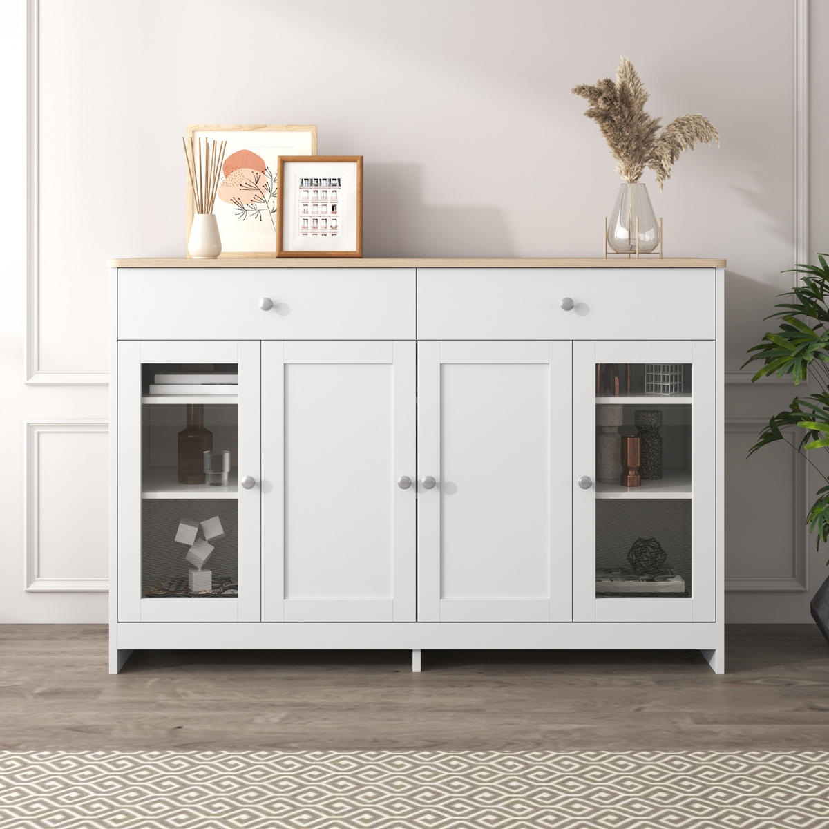 SIDEBOARD mit 2 Schubladen und 4 Türen mit verstellbaren Regalböden 120/80/37 cm - Weiß/Naturfarben, Glas/Holzwerkstoff (120/80/37cm) - EVRYAE
