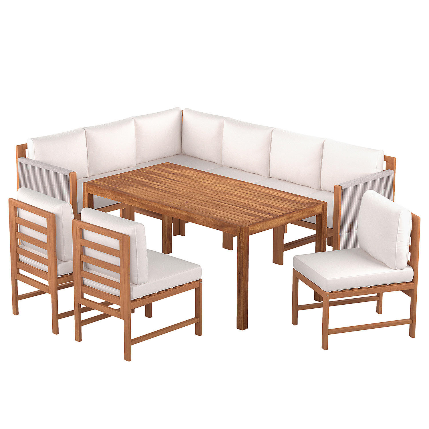 DINING-LOUNGESET - Akazie massiv / Polyester - Braun / Beige - 10-teilig - Beige/Braun, Holz/Textil - home24