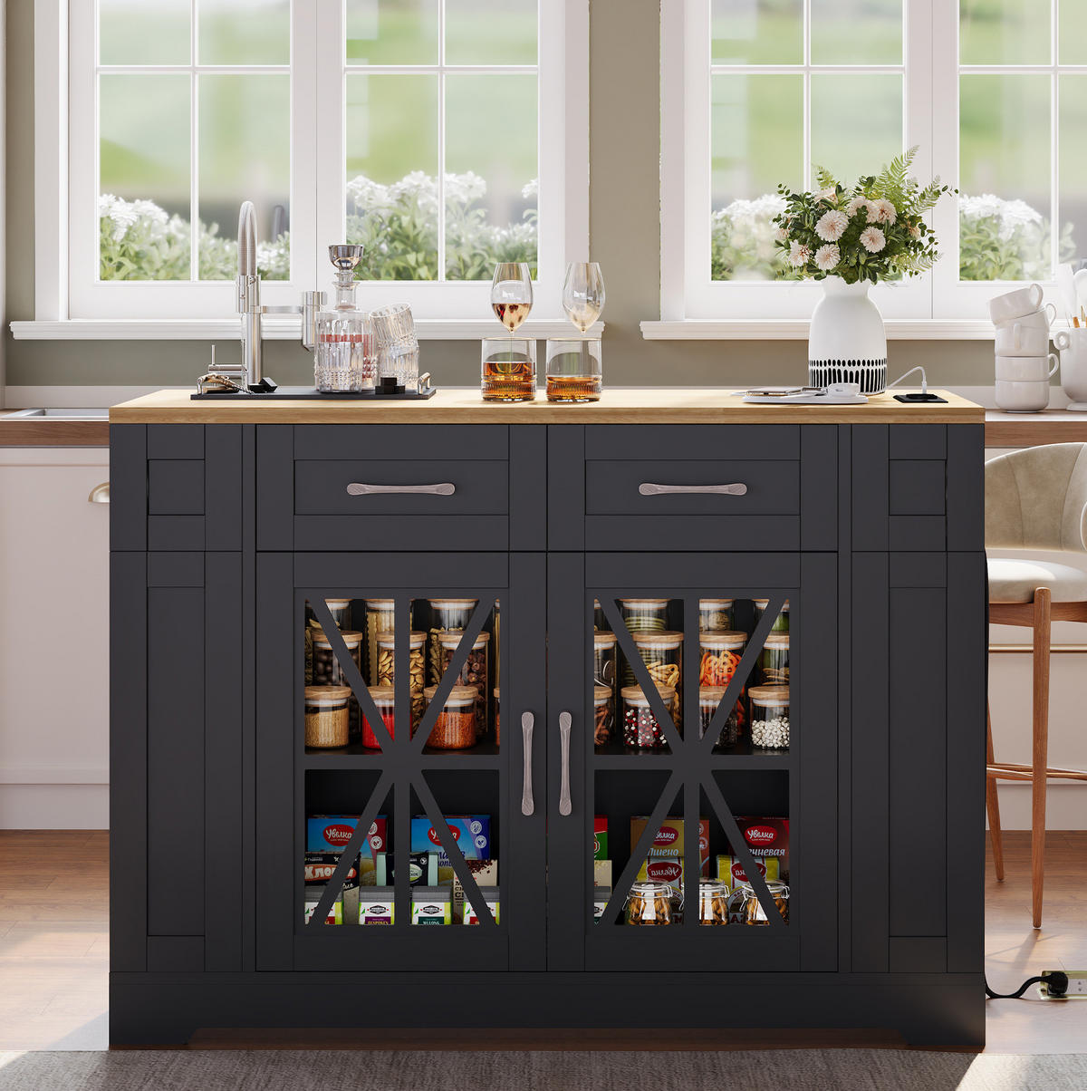 KÜCHENINSEL mit Klapptisch 120 x 40/65 x 92 cm MDF Black/Natural - Schwarz, Holz (65/92/120cm) - Beauniv