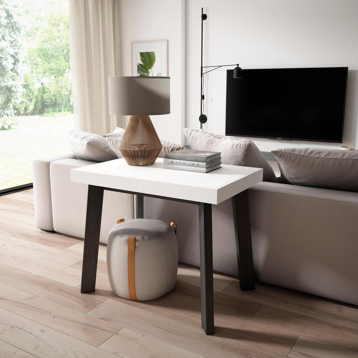 KONSOLENTISCH ausziehbar 58 bis 160cm, für 8 Gäste, weiß, 90/58/73cm - Weiß, Holzwerkstoff (90/160/73cm) - Skraut Home