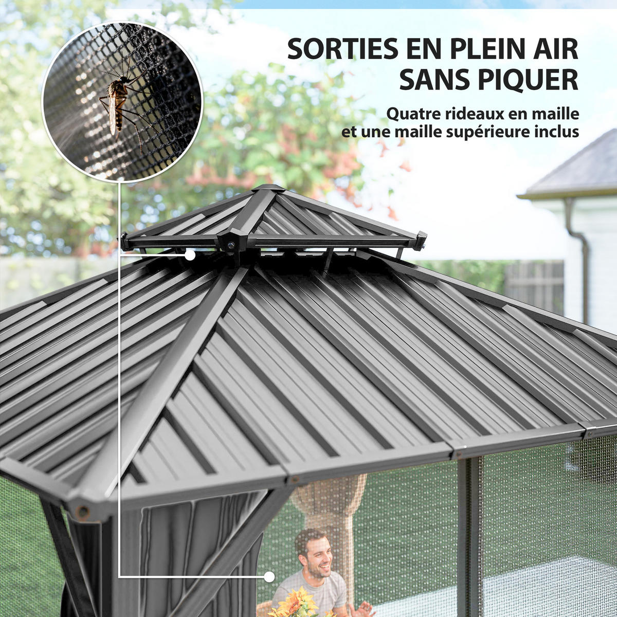 PAVILLON DE-12761 300/300 cm Doppeldach aus Stahl mit Moskitonetz Dunkelgrau - Dunkelgrau, Metall (301/293/301cm) - ComfortXL