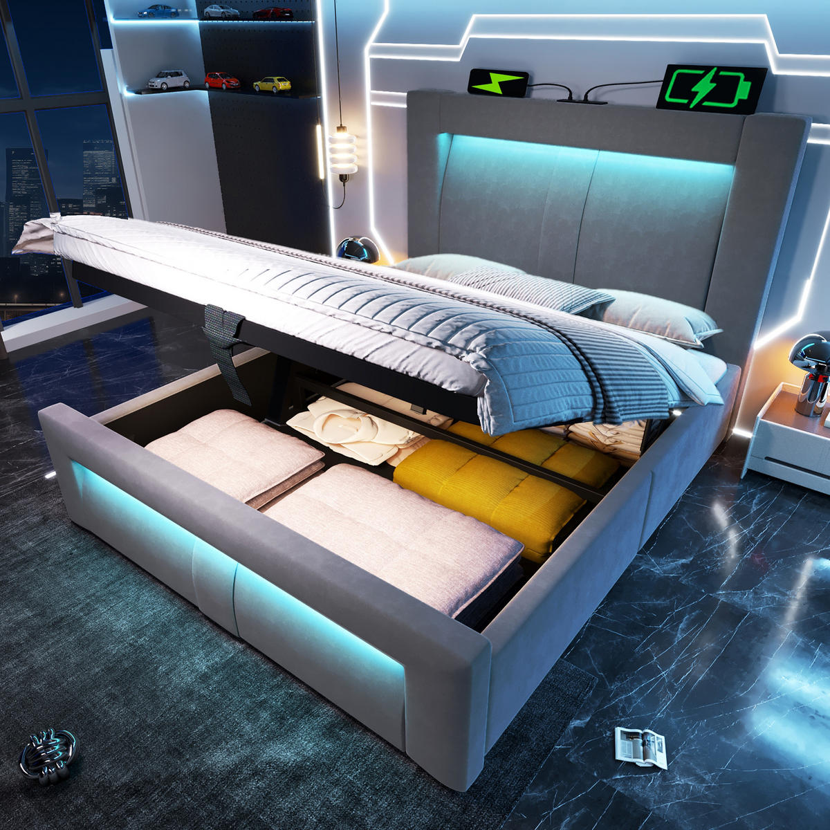 POLSTERBETT 90/200 cm Grau aus Samt mit Stauraum und LED mit Matratze - Grau, Textil (90/200cm) - OKWISH