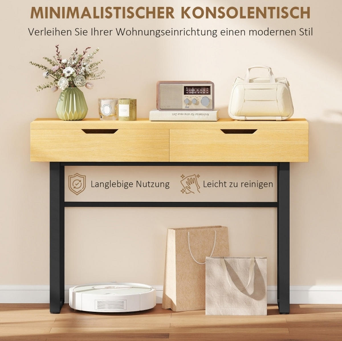KONSOLENTISCH 110/35/76,5 cm in Natur mit 2 Schubladen und Metallrahmen - Naturfarben, Holz (110/35/76.5cm) - Flora Grace