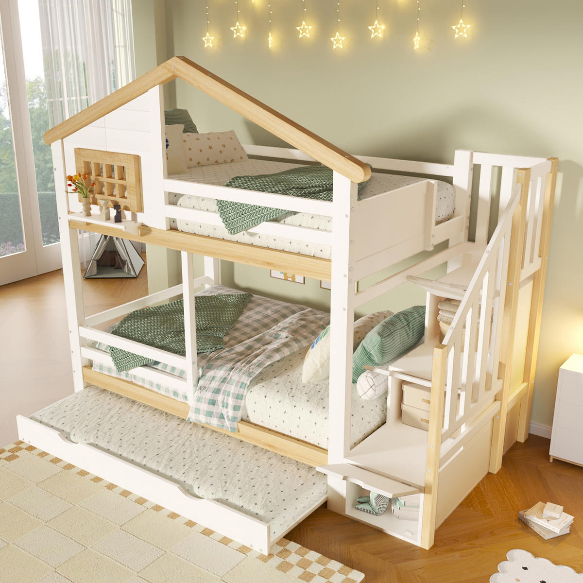 ETAGENBETT 90/200 mit Ausziehbett und Stauraumleiter in Weiß und Natur - Weiß/Naturfarben, Holz/Holzwerkstoff (90/200cm) - EVRYAE