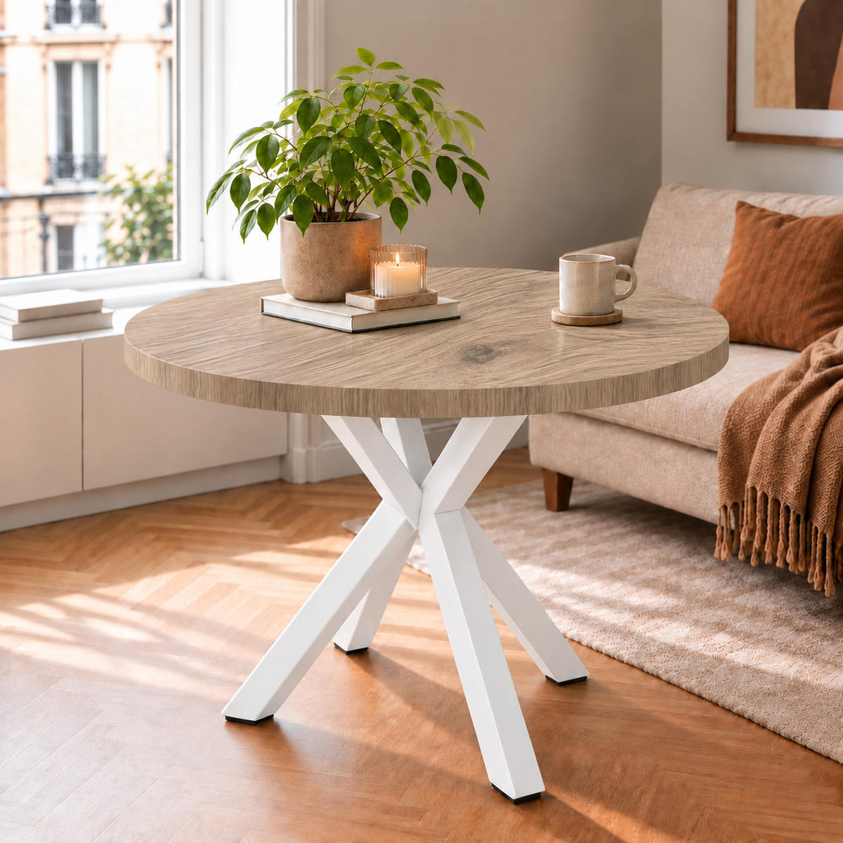 ESSTISCH rund ausziehbar 110-310/110/76 cm, Halifax Egger, 54 cm Tischplatte + X Metallbeine Weiß - Eichefarben/Weiß, Holzwerkstoff/Metall (110/110/76cm) - Damale Möbel