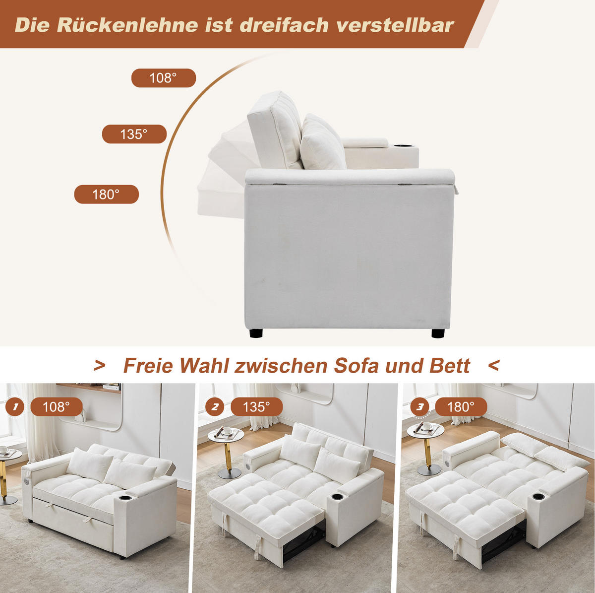 SCHLAFSOFA aus Stoff 140,5x74x82 cm Beige mit USB-, Typ-C-Anschluss, verstellbarer Rückenlehne und verstecktem Tisch - Beige, Textil (140.5/82/74cm) - Modfu